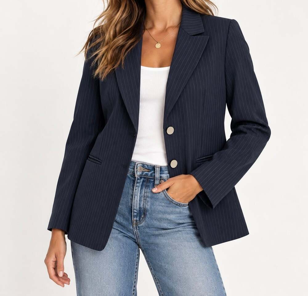 Tahari Arthur S. Levine Navy Pinstripe Two-Button Blazer